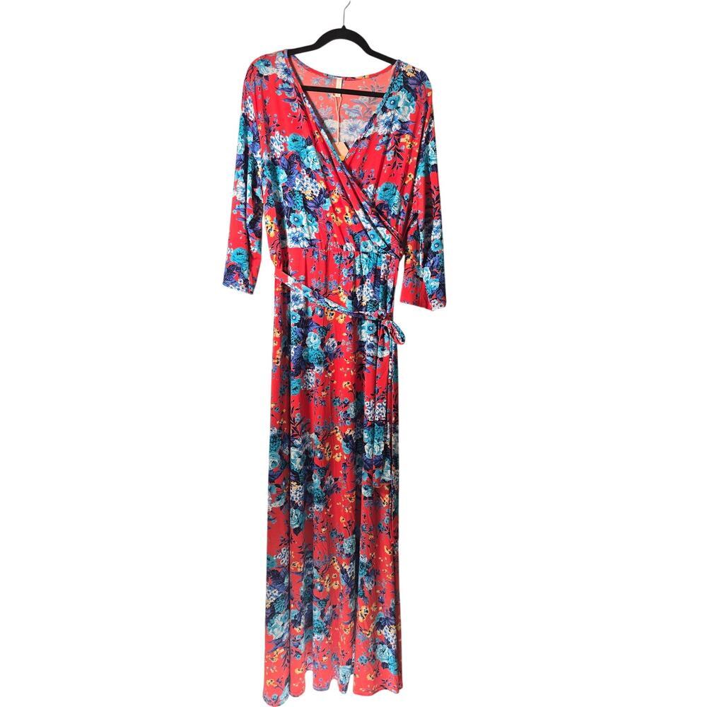 Pink Blush Women's Floral Print Belted Faux Wrap Maxi Dress Red Blue Size 3XL